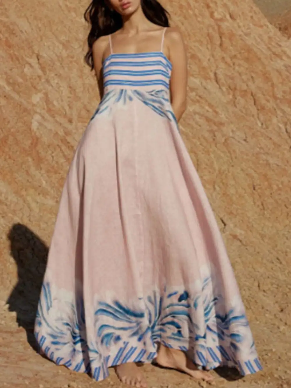 Classic Striped Print Spaghetti Strap Maxi Dress