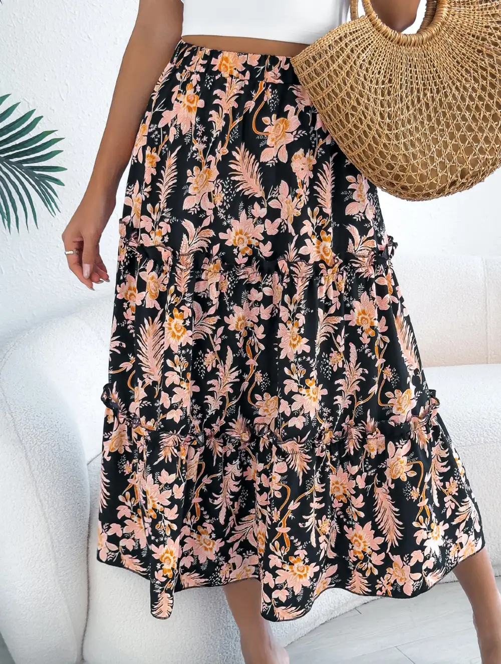 Floral Ruffle Midi Skirt