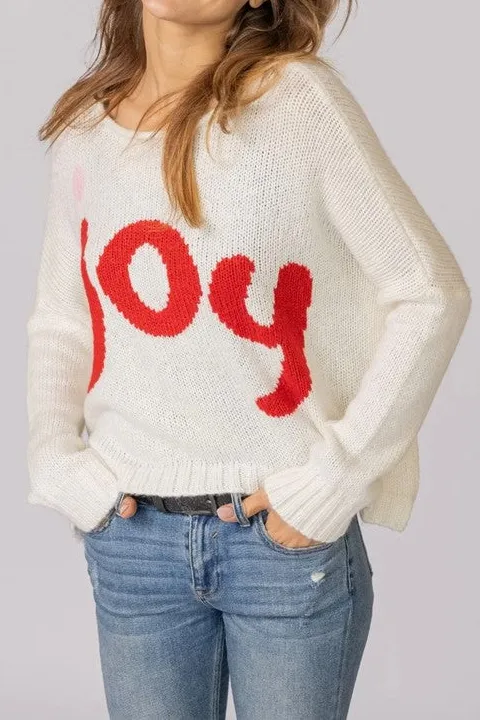 Women's White Joy Graphic Oversized Sweater
