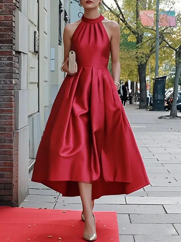 Pockets Pleated Neck Maxi Dress