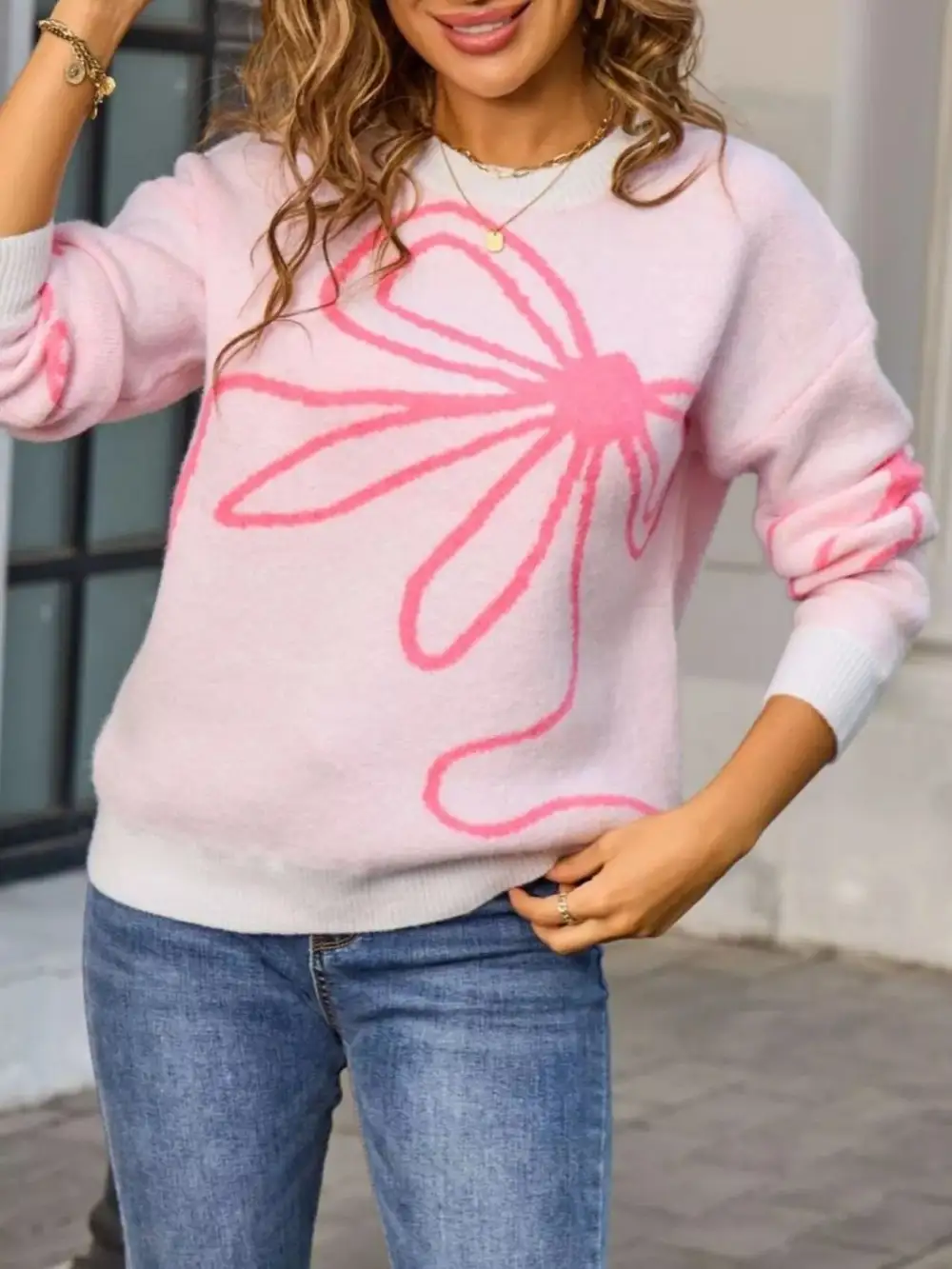 Long Sleeve Crew Neck Floral Sweater