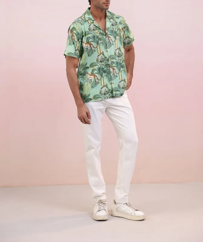 Green Monkey Print Mulmul Cotton Camp Collar Shirt
