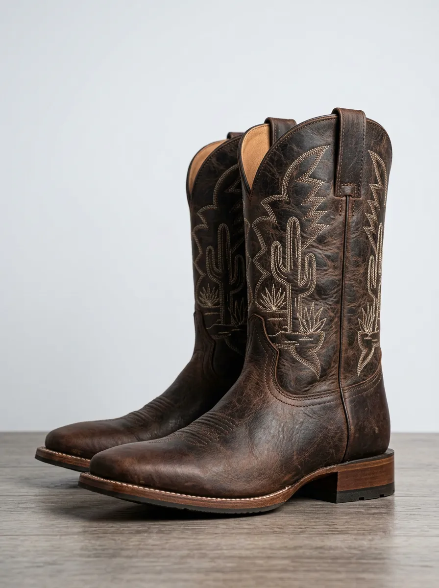 Rustic Cactus Embroidered Leather-Look Ranch Look Men's Western Cowboy Boots