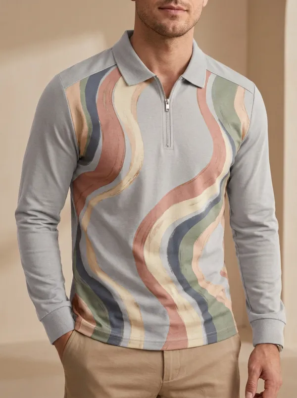 Men's Abstract Wavy Stripe Printed Long Sleeve Zip Polo Shirt