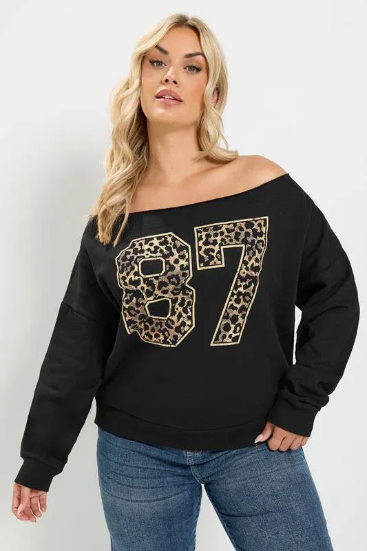 Black '87' Leopard Off Shoulder Sweatshirt