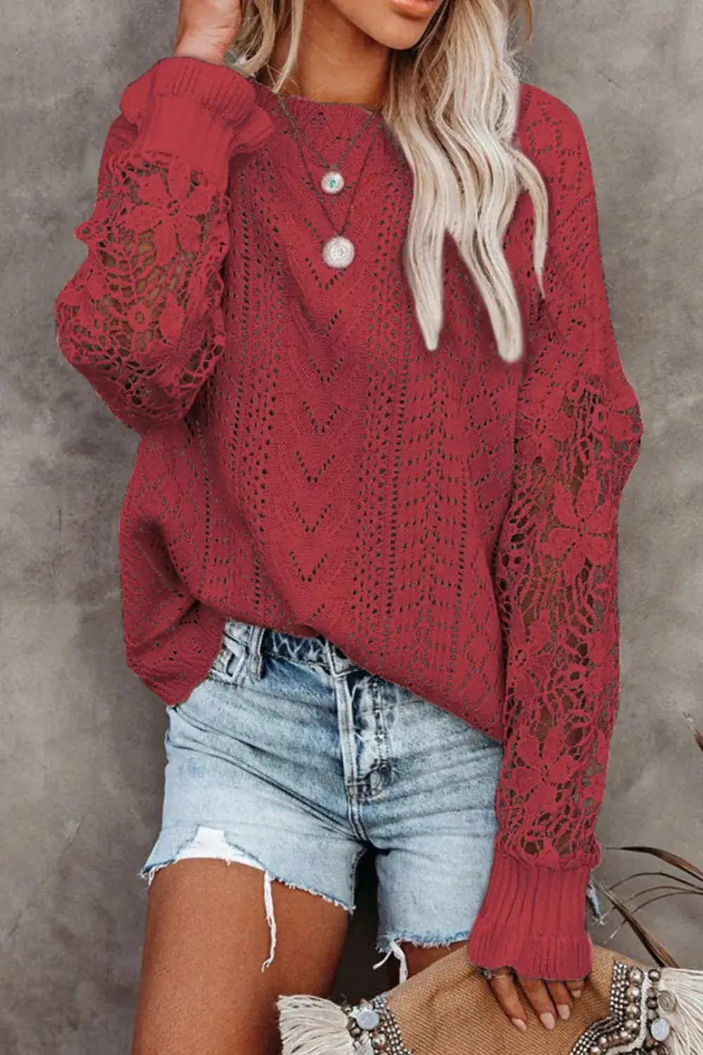 Long Sleeve Round Neck Openwork Sweater