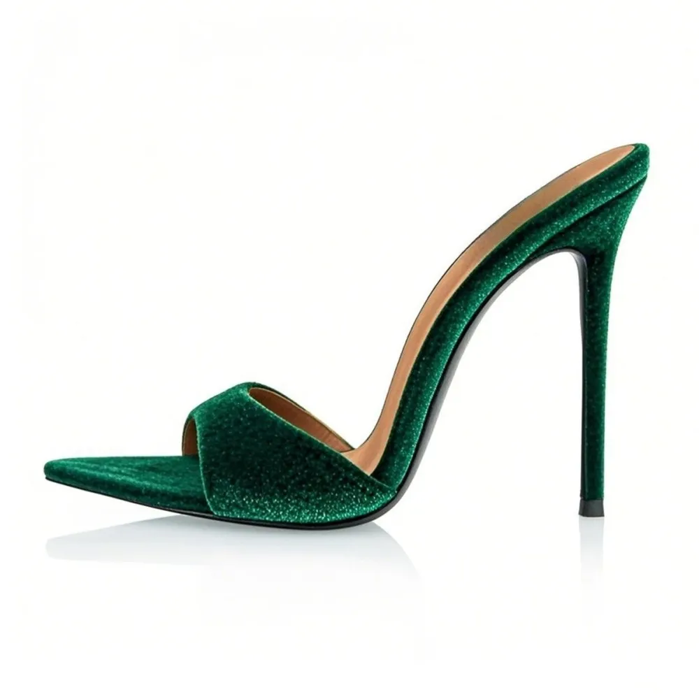 Pointed Toe Velvet High Heel Mule Sandals