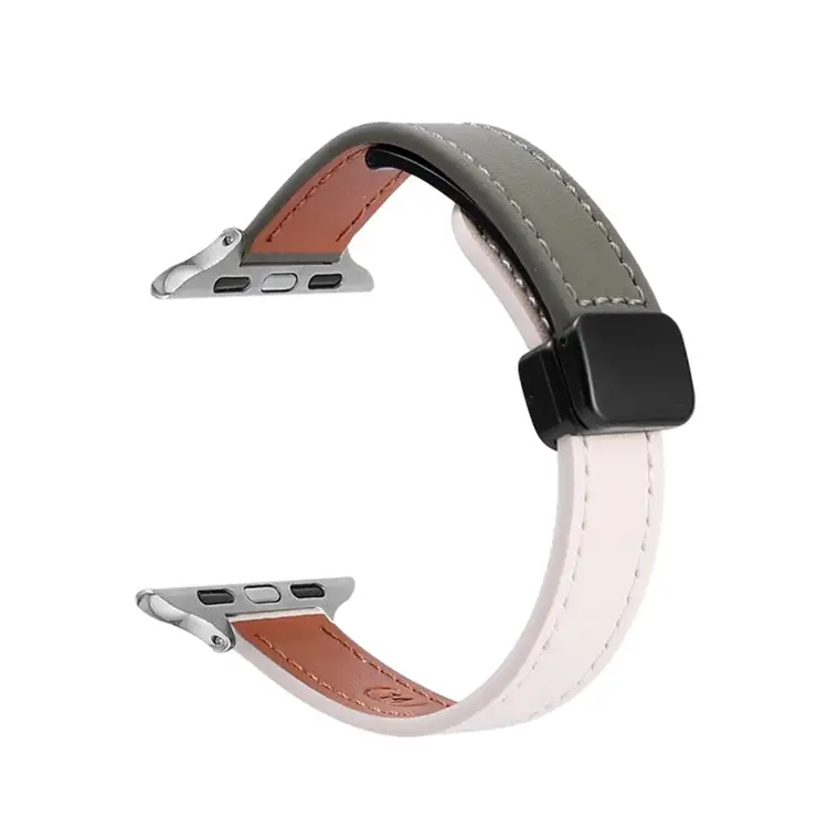 Slim Magnetic Buckle Genuine Leather Watch Band for Watch Ultra 2 49 mm - Plain Beige Green