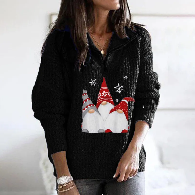Santa Print Zipped Long Sleeve Knitted Sweater