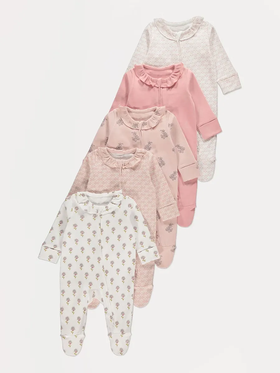 Pink Floral Zip Fasten Sleepsuits 5 Pack