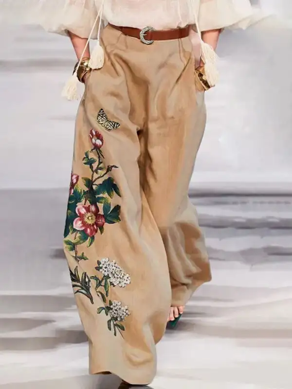 Layered High Waisted Loose Belted Flower Print Pockets Pants Trousers