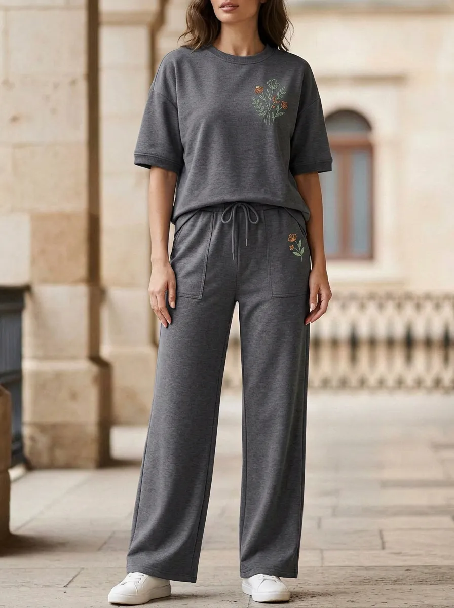 Women's Floral Embroidered T-Shirt And Patch-Pocket Wide-Leg Trouser Lounge Set