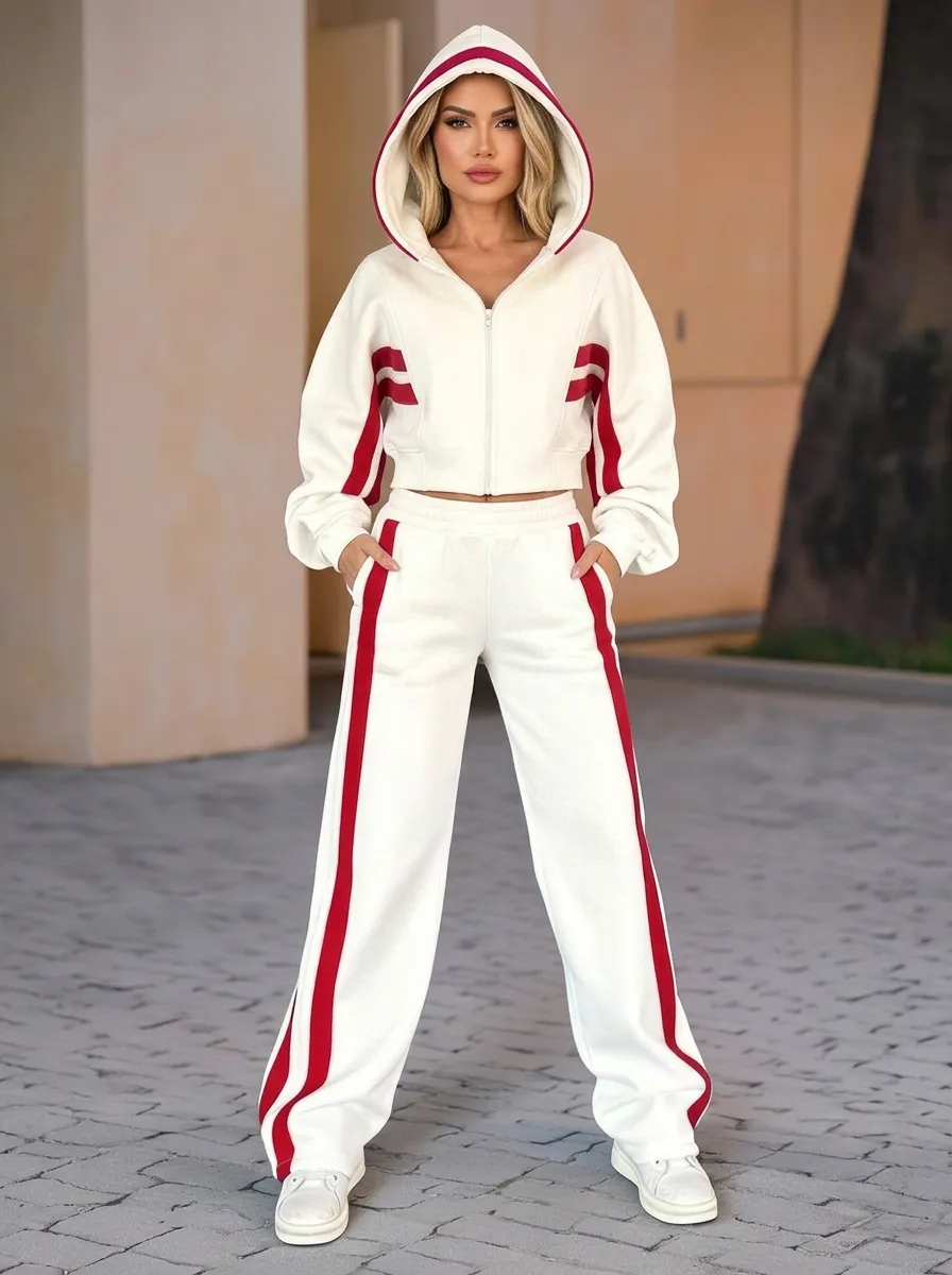 Women's Side-Stripe Zip-Up Hoodie & Wide-Leg Pants Set