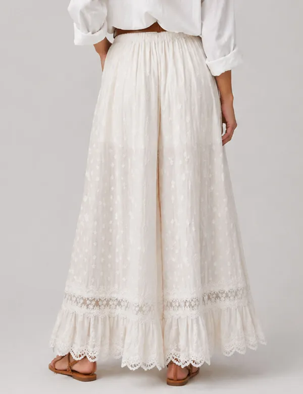 Floral Embroidery Lace Hem Wide Leg Pants