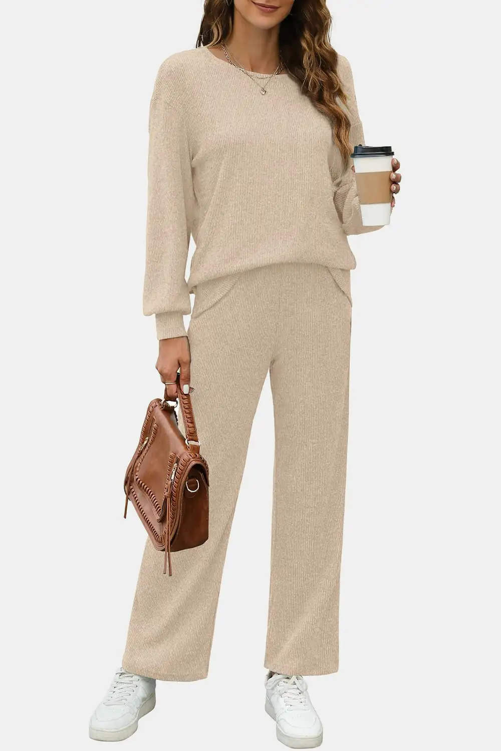 Stretch Round Neck Long Sleeve Top And Pants Set