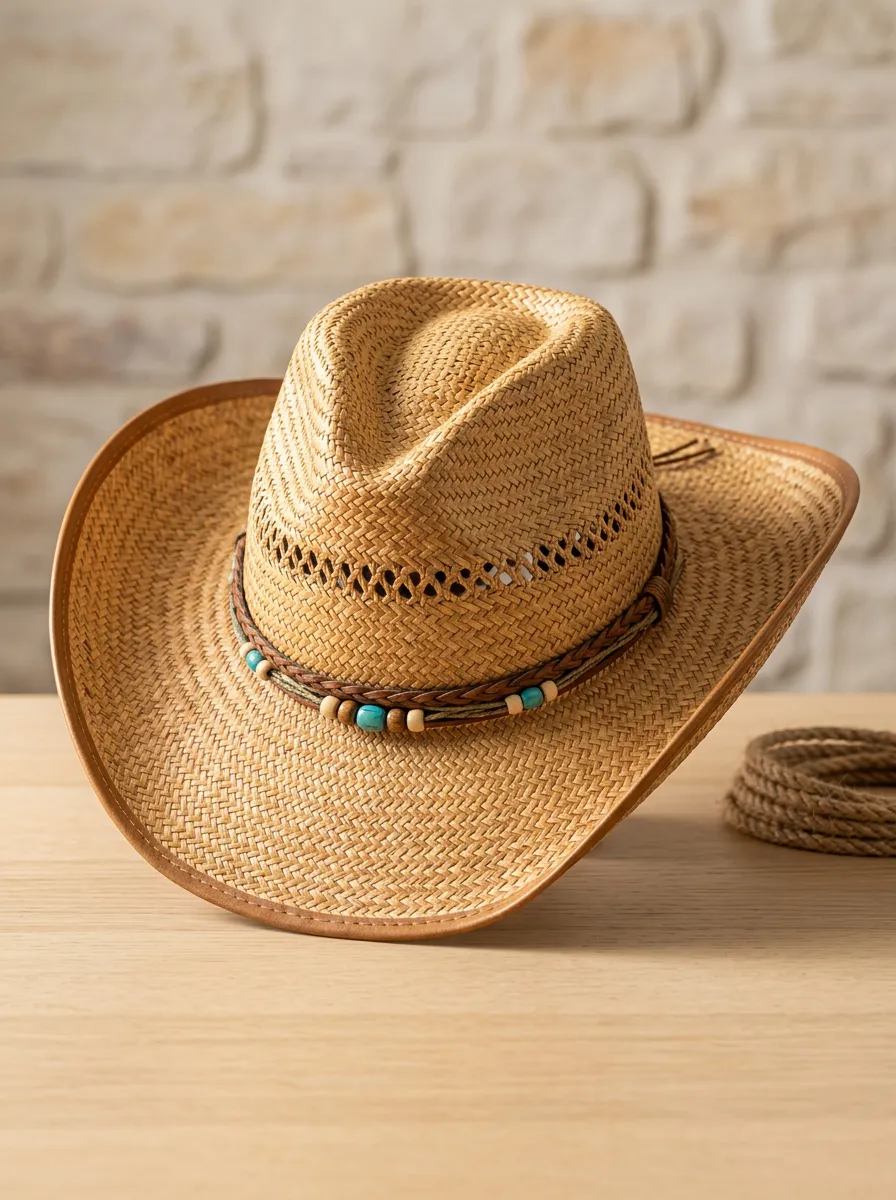 Unisex Straw Cowboy Hat with Braided Band Trim