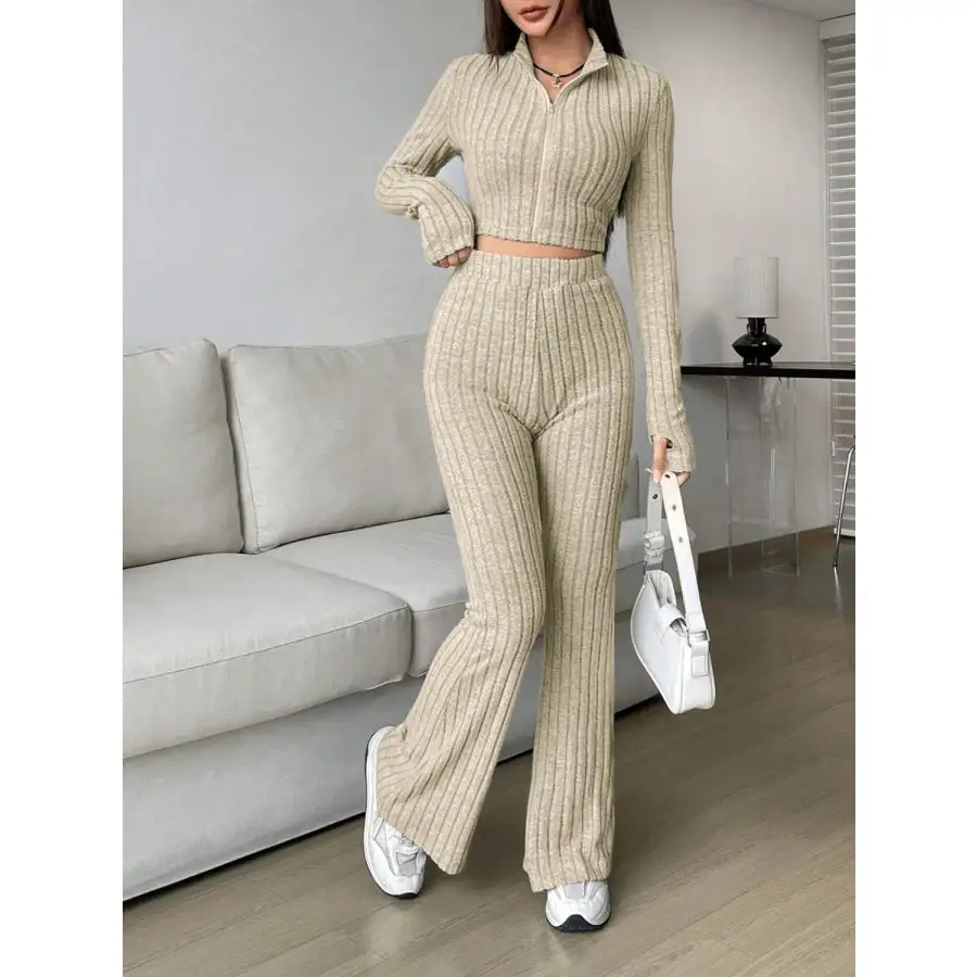 Relaxed Zip Up Long Sleeve Top and Pants Set