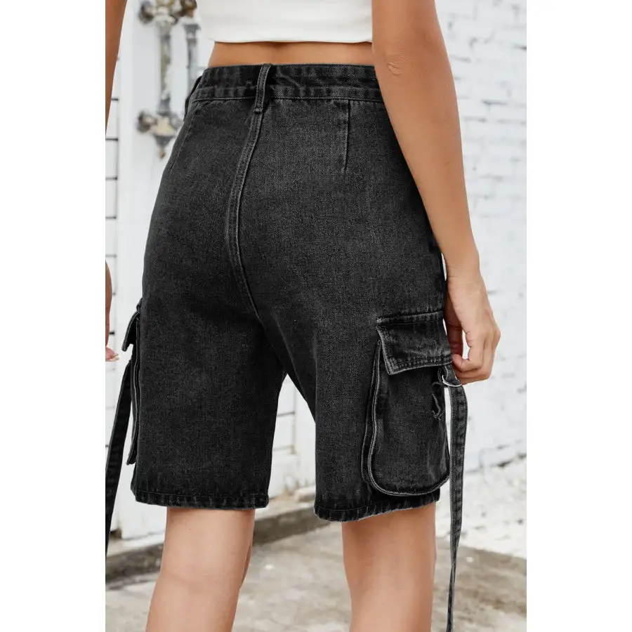 Pocketed Cargo Washed Denim Shorts