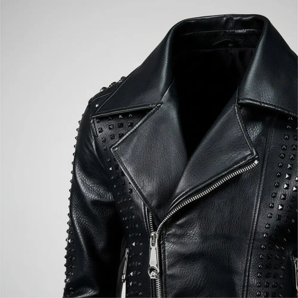 Textured Leather Biker Motorcycle Studded Jacket