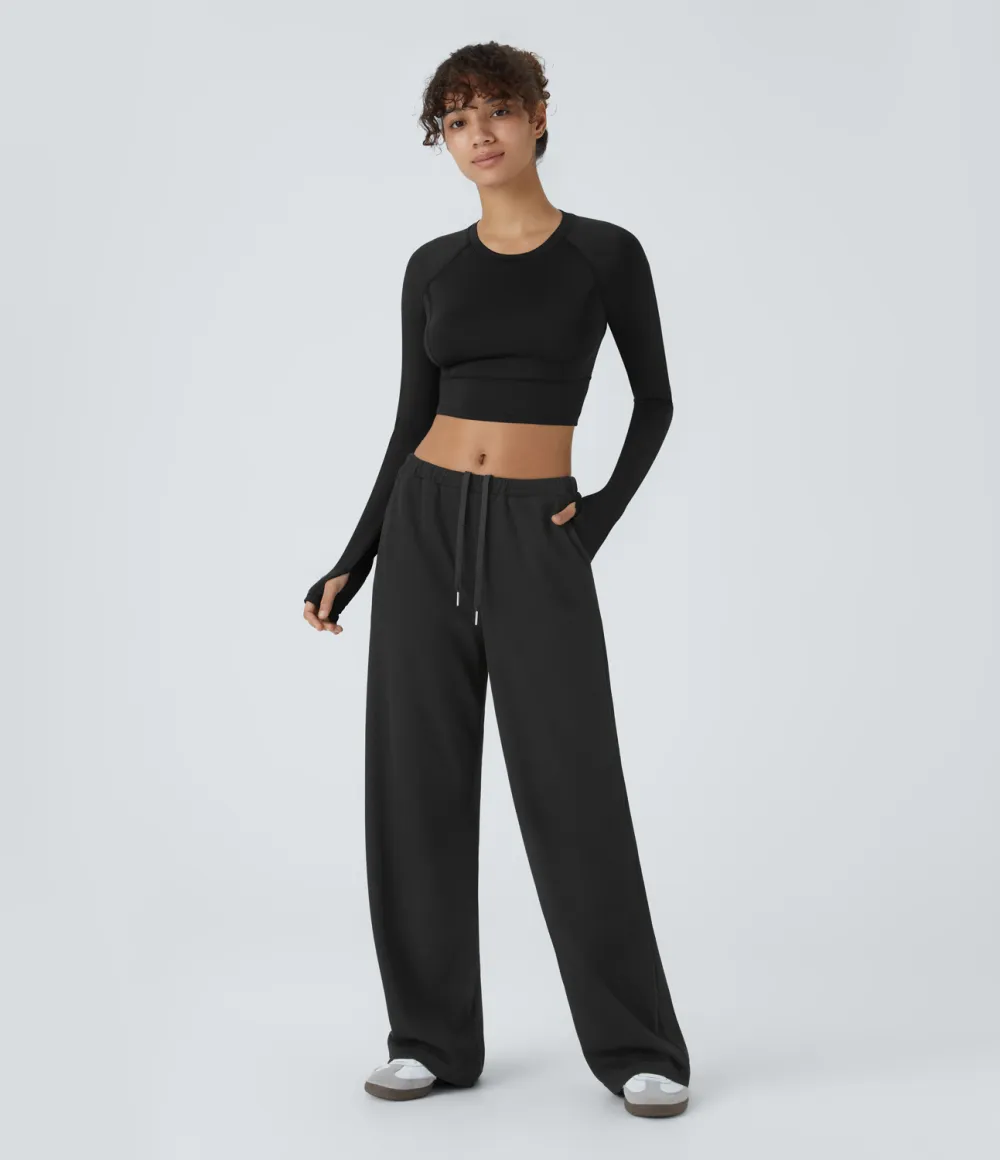 Ribbed Mid Low Rise Inside Drawstring Multiple Pockets Wide Leg Casual Pants