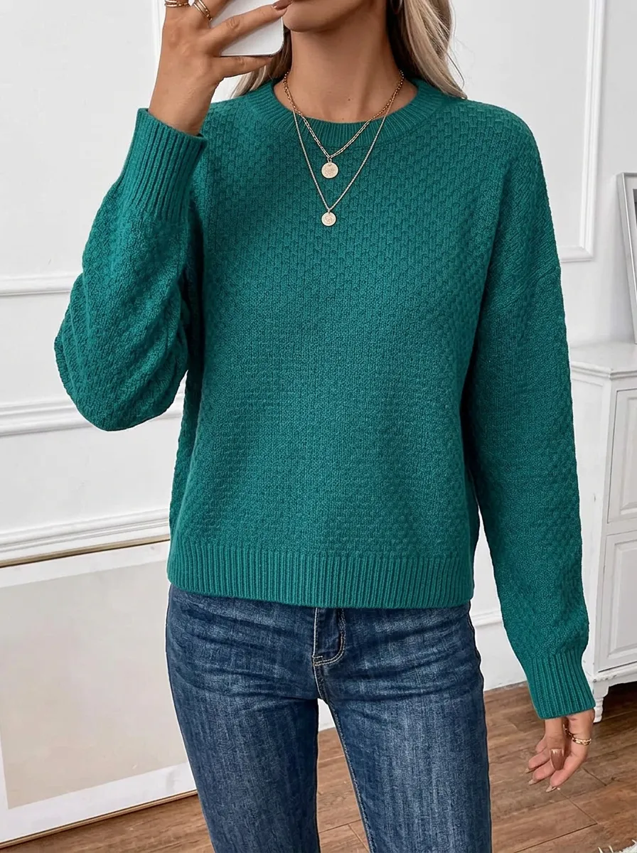 Women's Emerald Green Textured Knit Crewneck Sweater
