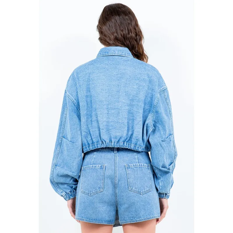 Drawstring Waist Crop Denim Jacket
