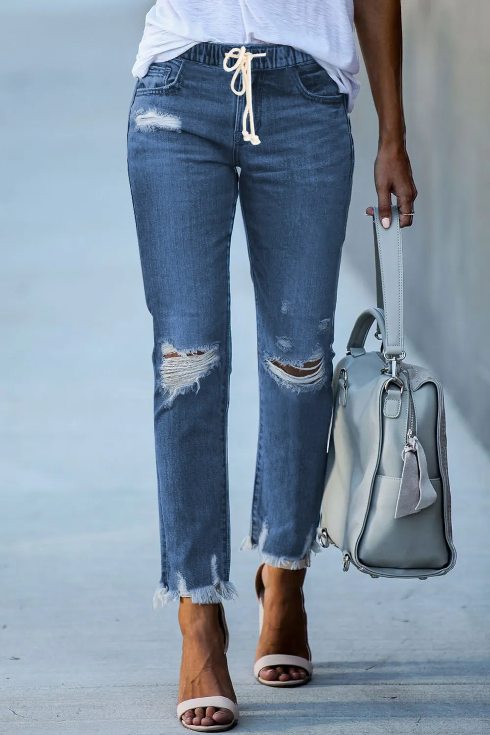 Dark Blue Raw Hem Straight Jeans