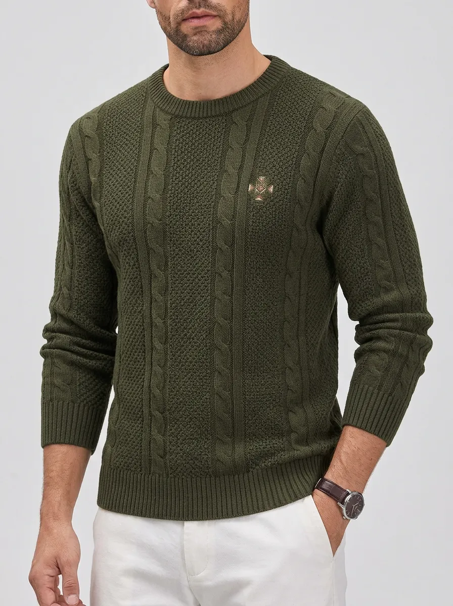 Men's Olive Green Olive Green Geometric Cross Embroidered Knit Sweater