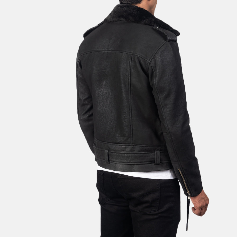 Men's Rugged Biker Leather Fur Trim Jacket