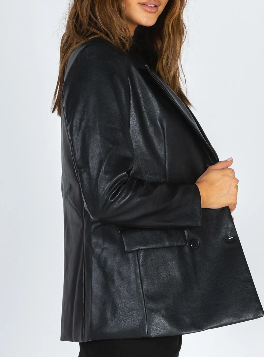 Black Double Breasted Faux Leather Blazer
