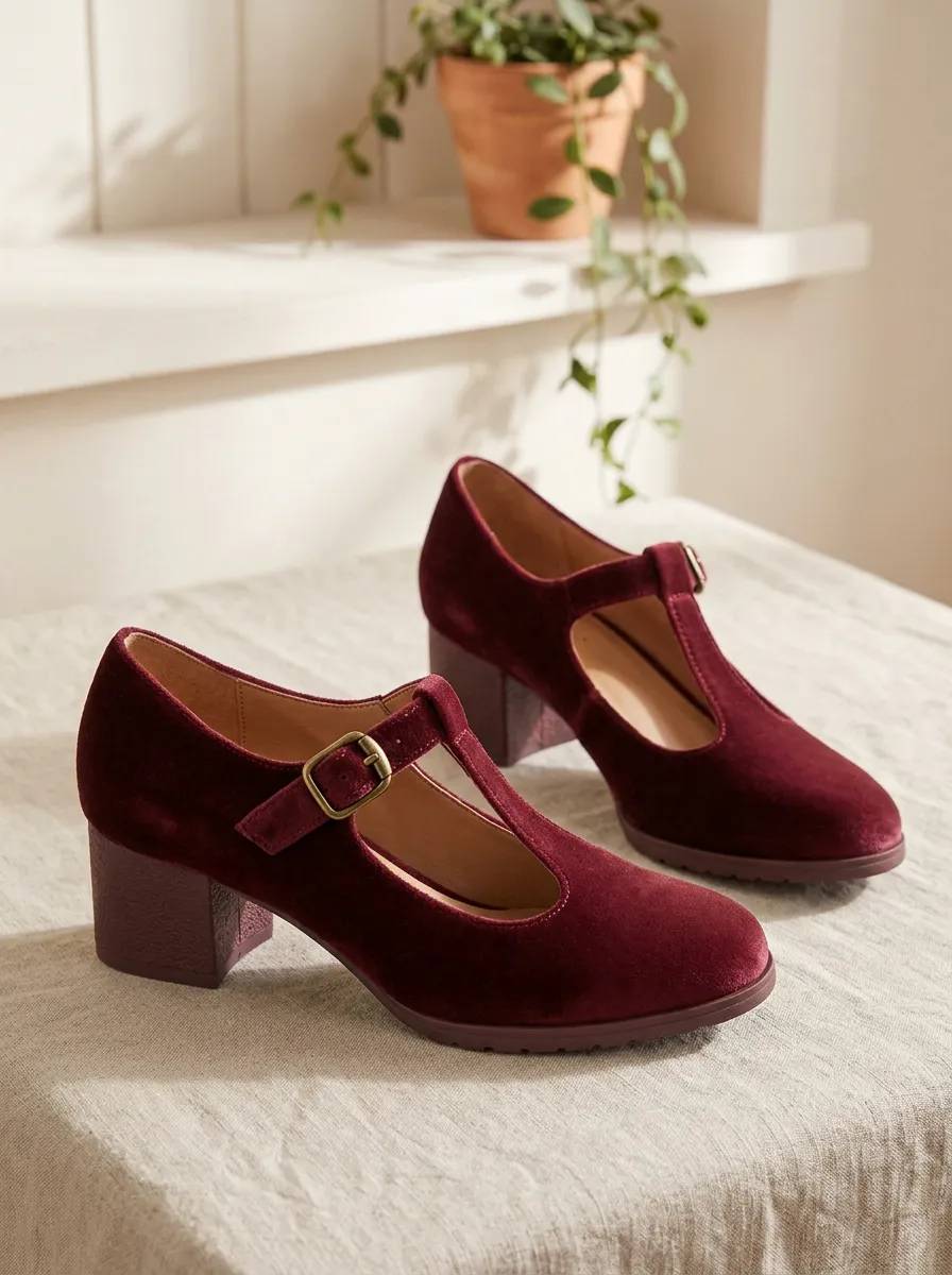 Women's Vintage Style Velvet T-Strap Mary Jane Shoes