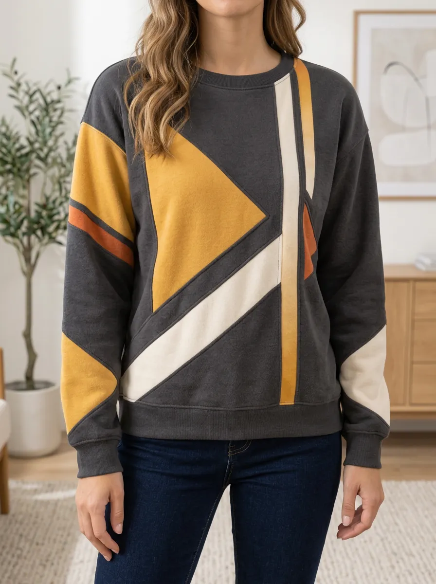 Women's Geometric Colorblock Crewneck Sweatshirt