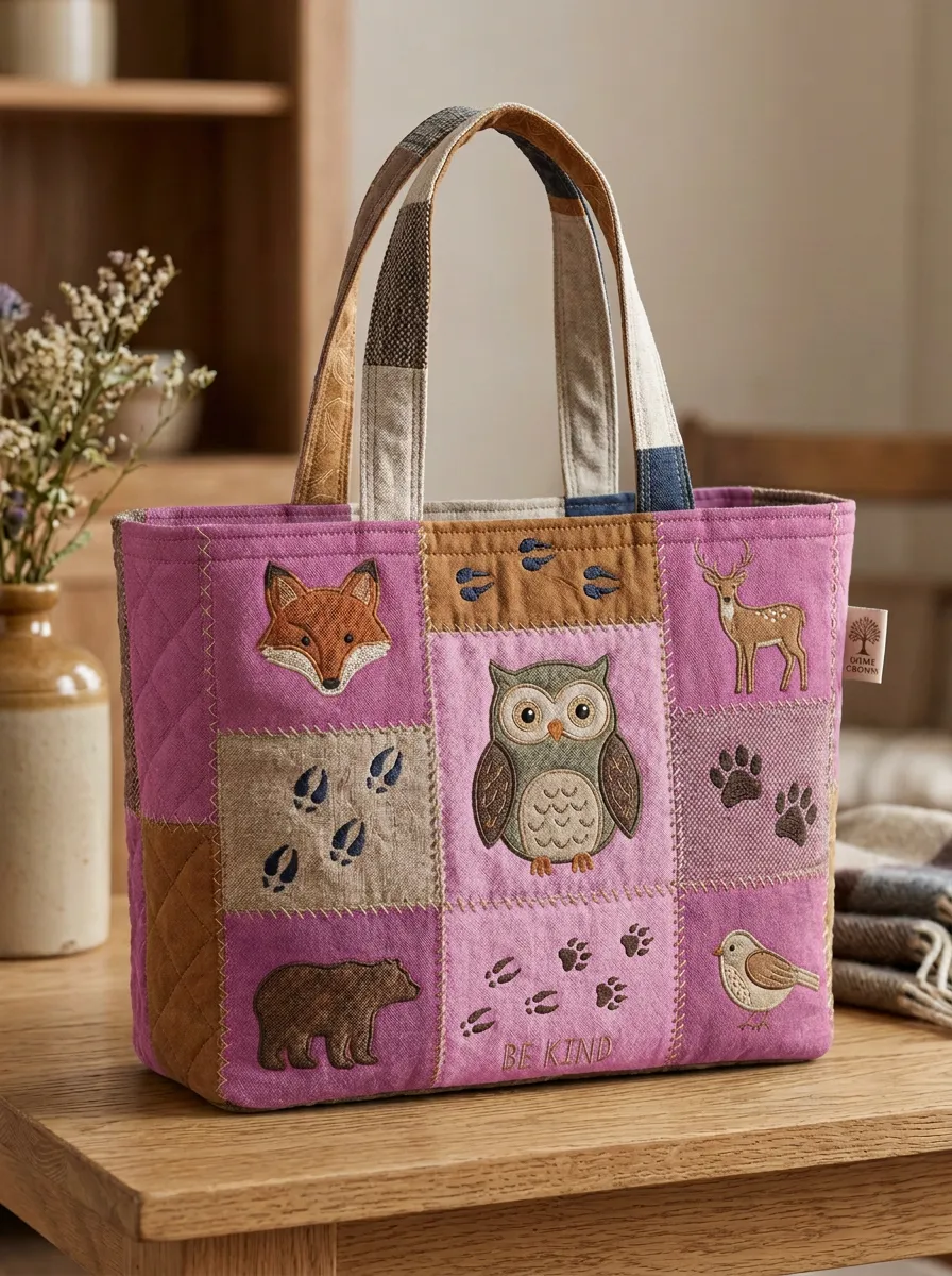 Woodland Animal Lover Patchwork Forest Printed Tote Bag