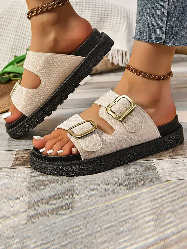 Buckle Cutout Open-Toe Polished Flat Sandals