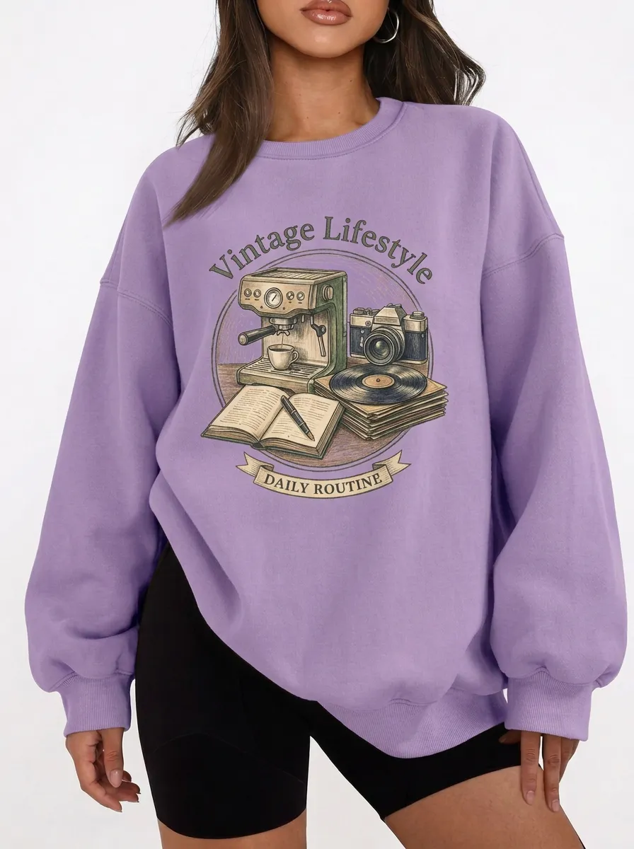 Women's Vintage Lifestyle Coffee Camera Vinyl Printed Sweatshirt