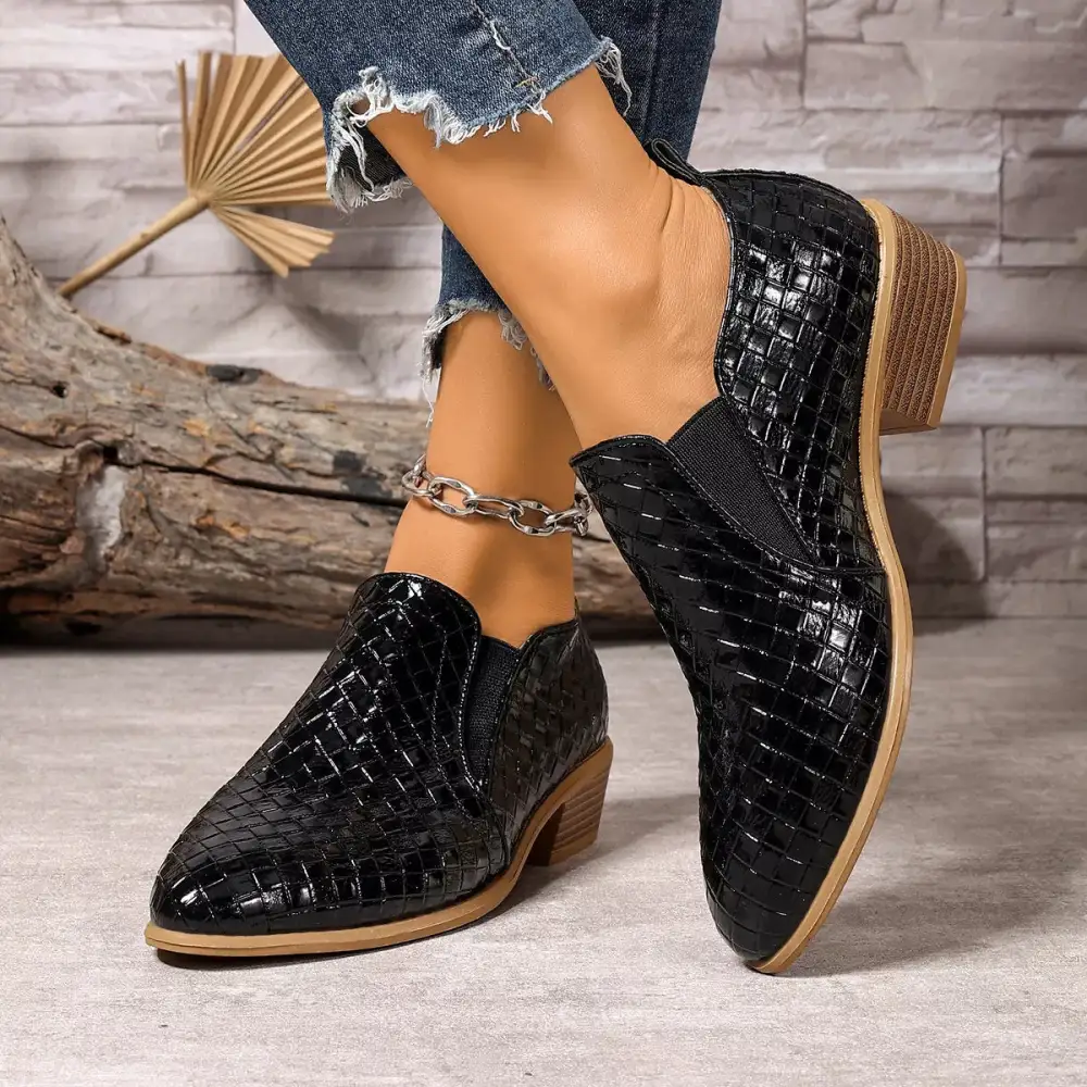 Textured Pointed Toe Block Heel Ankle Boots