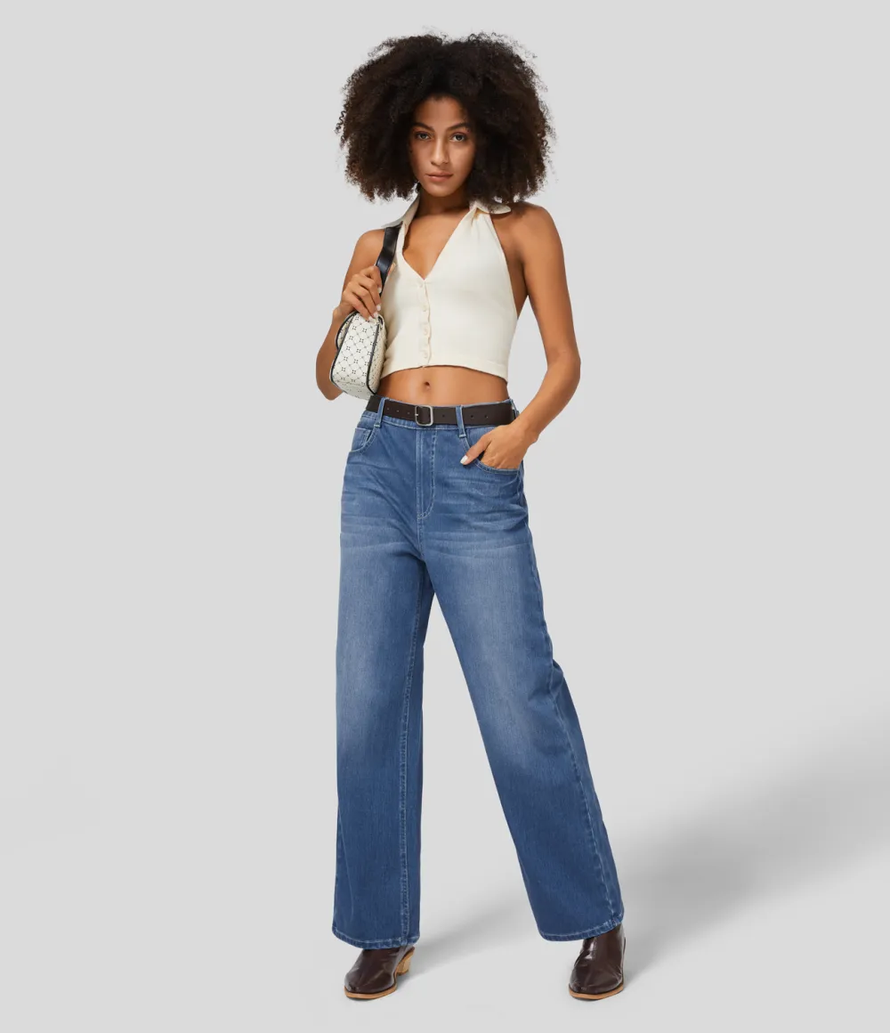Magic High Waisted Multiple Pockets Washed Stretchy Knit Casual Boyfriend Jeans