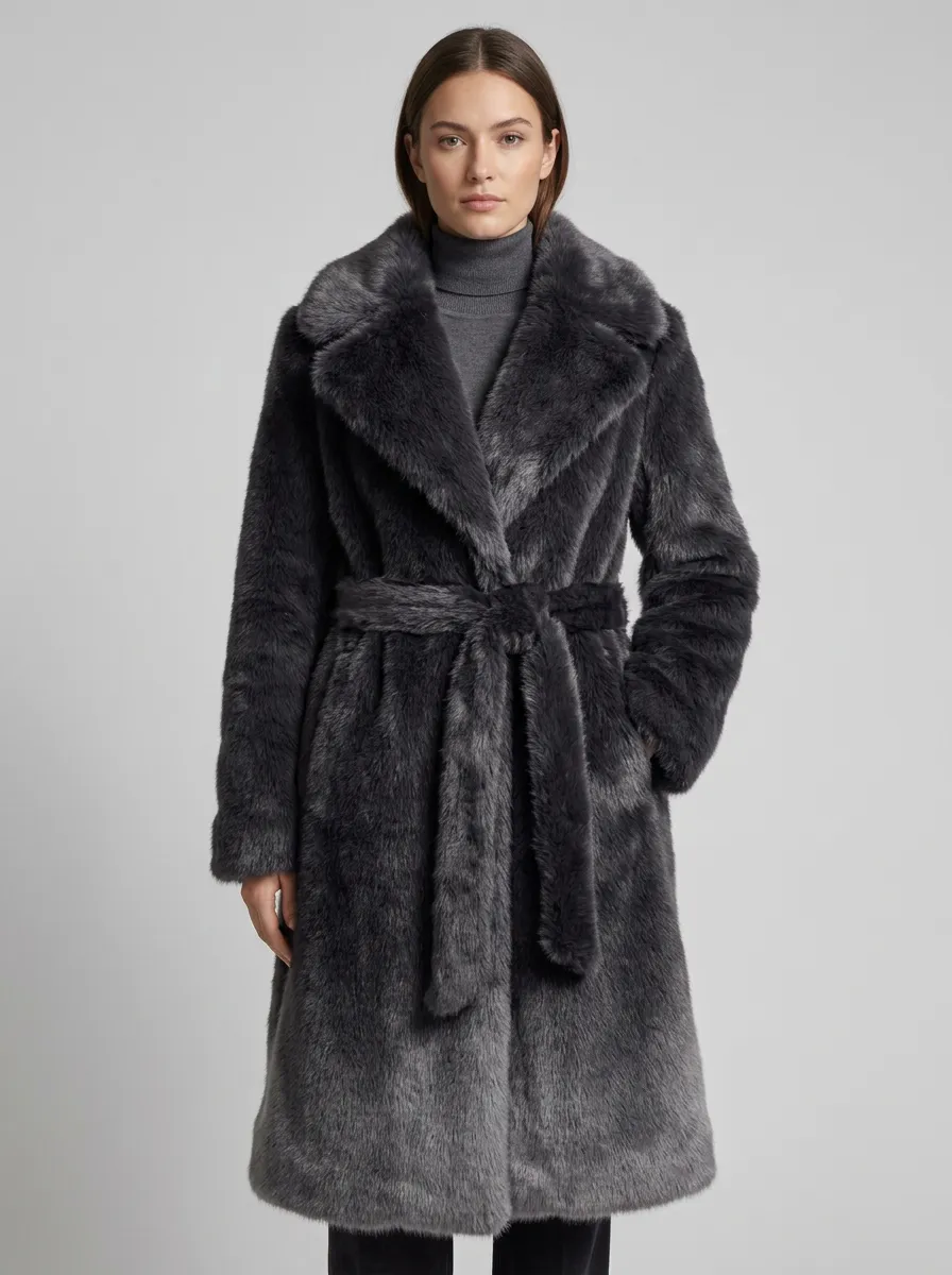 Texture Faux Fur Belted Coat