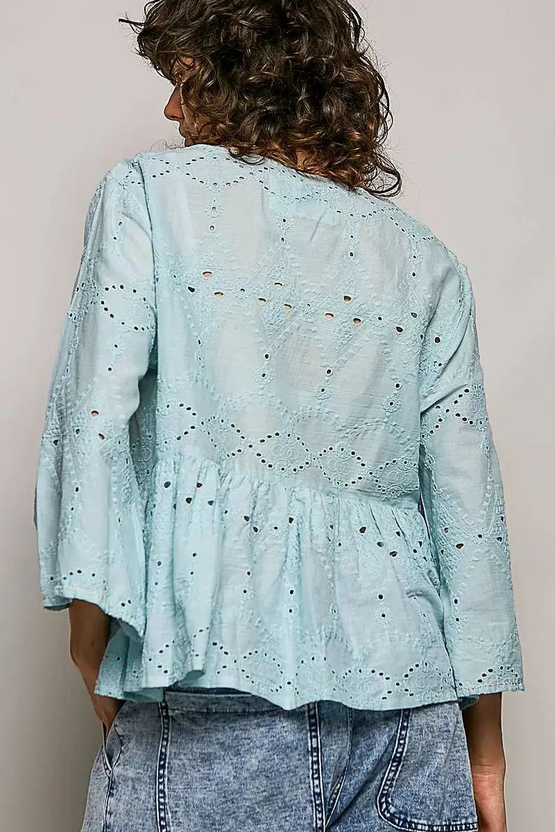 Peplum Eyelet Embroidered Button-Front Shirt