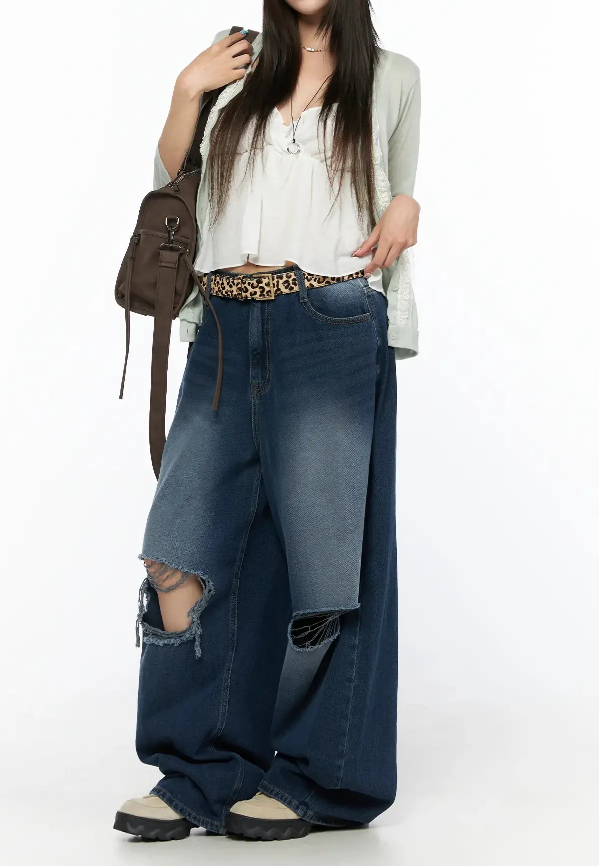 Wide-Fit Distressed Wide Leg Jeans