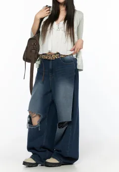 Wide-Fit Distressed Wide Leg Jeans