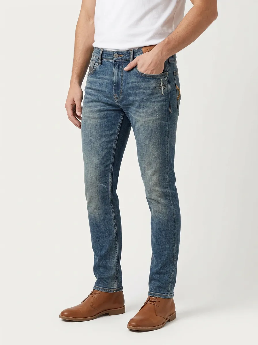 Men's Compass Embroidery Distressed Slim-Fit Jeans