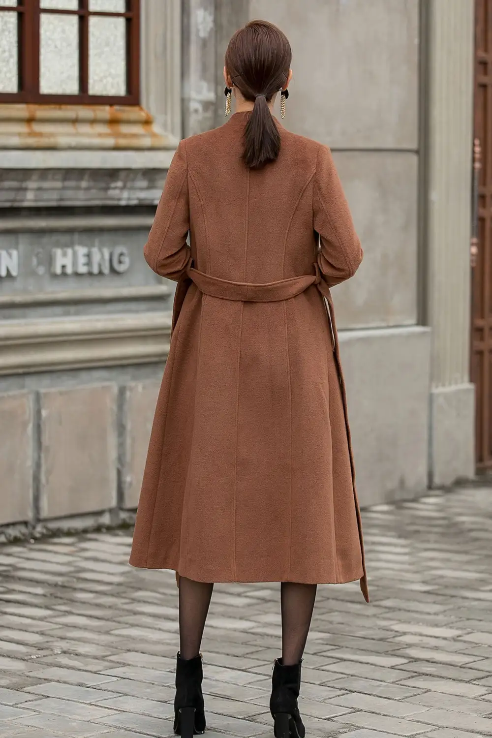 Wool Blend Tailored Single Breasted Belted Stand Collar Midi Coat