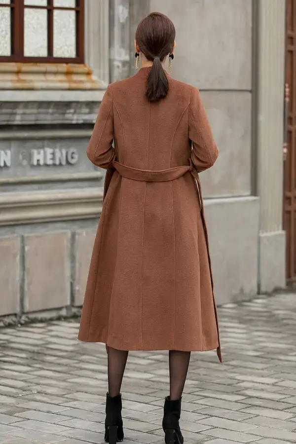 Wool Blend Tailored Single Breasted Belted Stand Collar Midi Coat