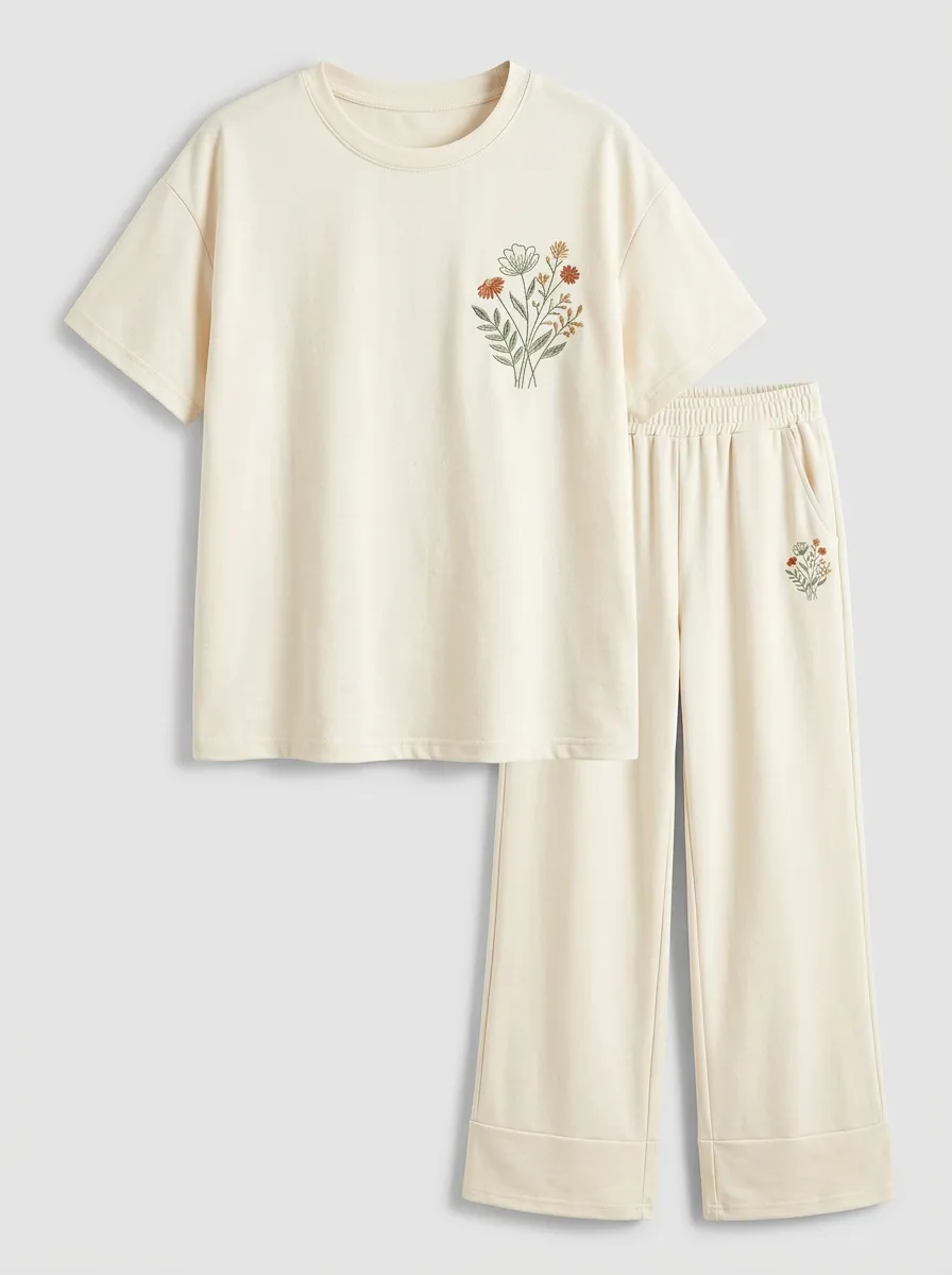 Women's Cream Wildflower Embroidered Tee & Wide-Leg Pants Set