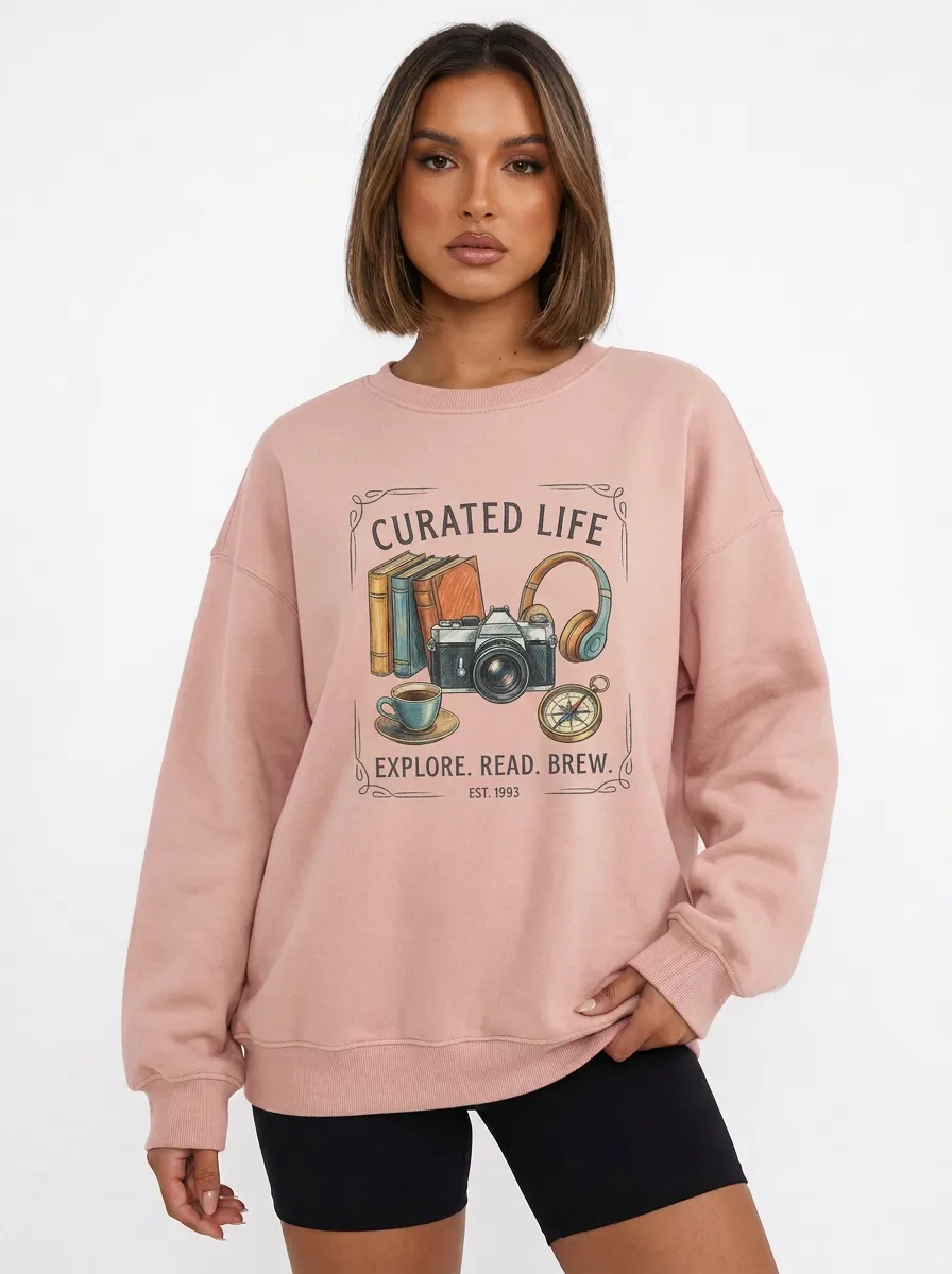 Women's Travel Reader Coffee Camera Graphic Sweatshirt