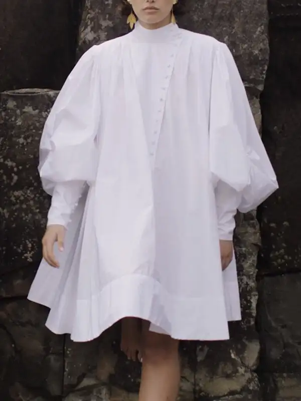 Long Sleeve Relaxed Buttoned Solid Color Stand Collar Mini Dress Shirt