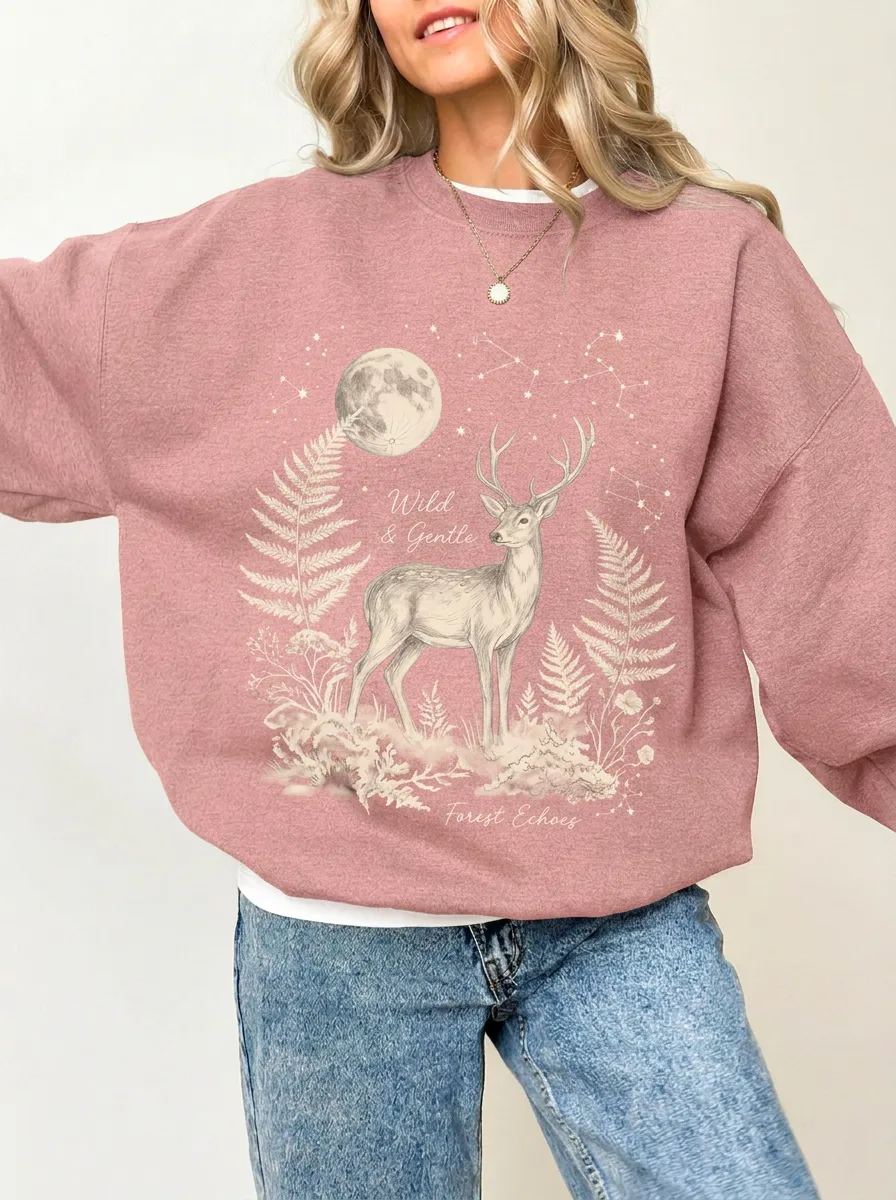 Women's Nature Deer Moon Fern Graphic Sweatshirt