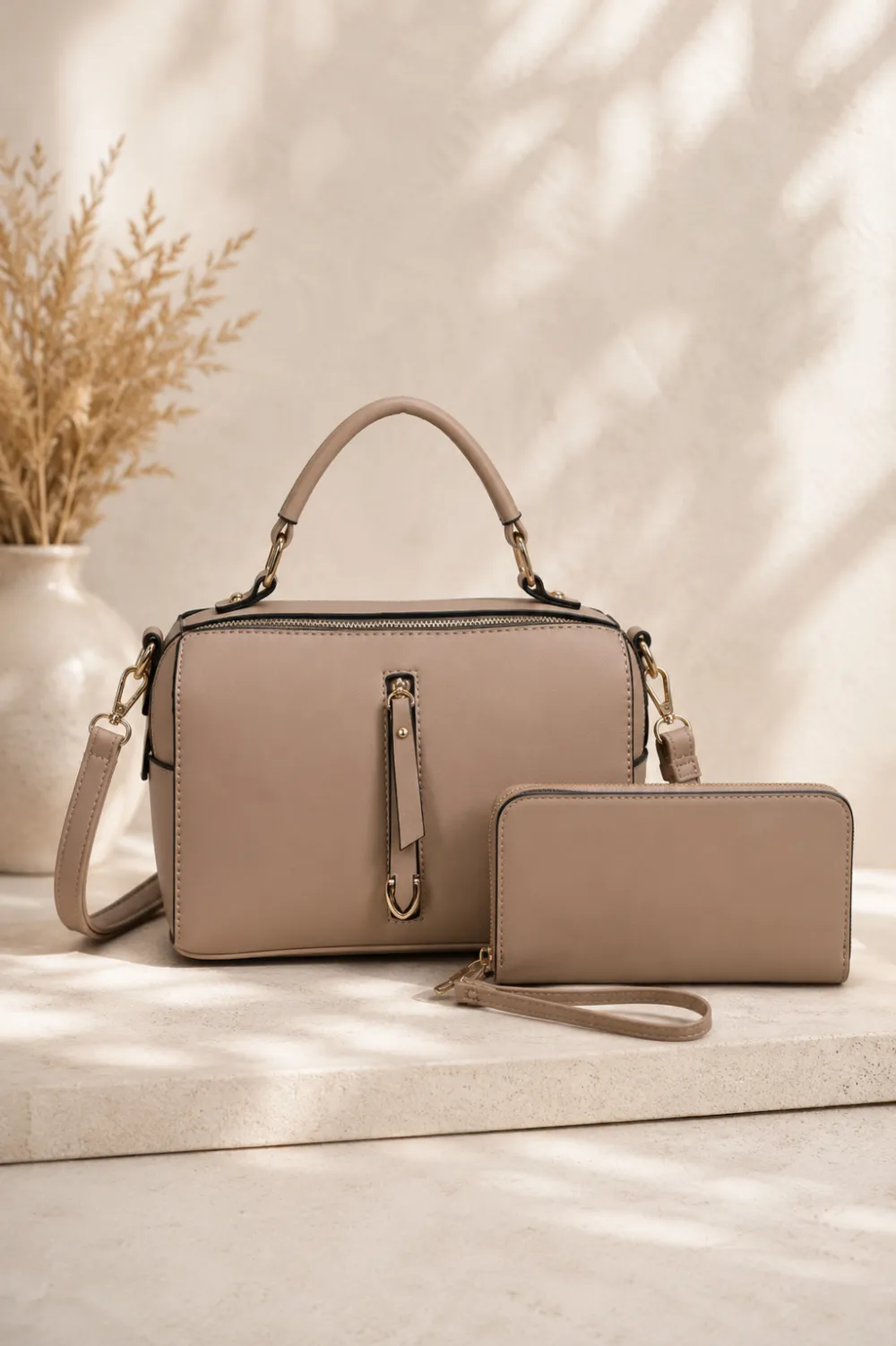 Boxy Vegan-Leather Zipper Satchel Bag