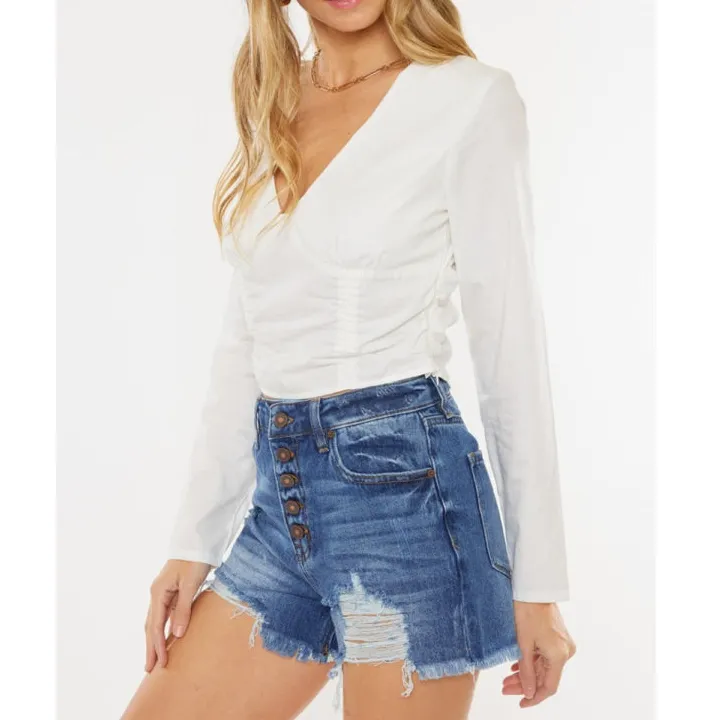 Distressed Button Fly High Waist Denim Shorts